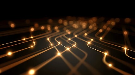 Abstract glowing digital network of orange lines and nodes on a dark background representing data flow and connections