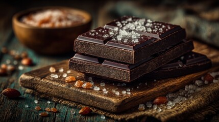 Rich dark chocolate bars topped with sea salt and surrounded by nuts on a rustic wooden table