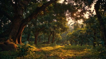 Naklejka premium Golden hour sunlight warmly illuminates a lime plantation with mature trees and a verdant undergrowth, creating a peaceful and inviting atmosphere at sunset.