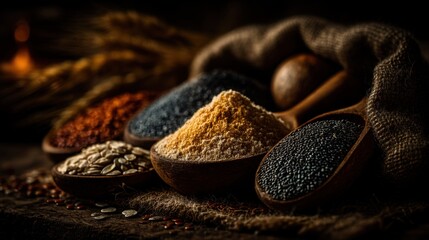 Various spices and seeds arranged in wooden spoons with dark background and soft lighting