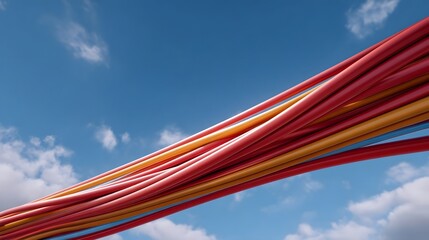 A vibrant bundle of red orange and blue cables streams across a clear blue sky with scattered clouds symbolizing data flow and connectivity