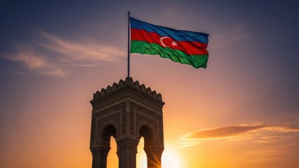 The Azerbaijan flag waving high on a tower as the sun sets, with a fiery sky