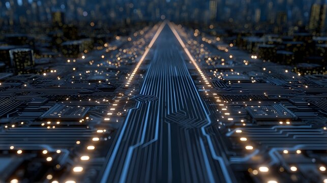 Abstract digital data highway with glowing circuits and technological nodes - Powered by Adobe