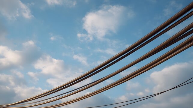 Overhead power lines stretch across a bright blue sky filled with fluffy white clouds