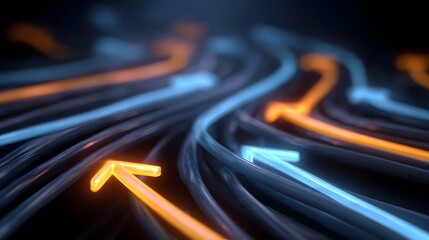 Abstract digital streams of orange and blue light flow representing data transfer and network connections