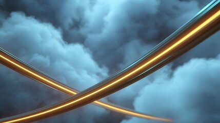 Glowing neon pathways intersect dramatically against a dark cloudy sky symbolizing data flow and connection