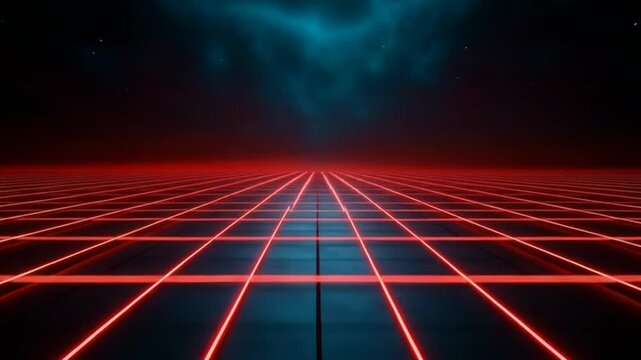Neon grid landscape with futuristic ambiance and vibrant red lights