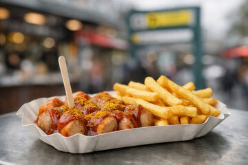 Currywurst With Fries And Ketchup In Paper Tray On City Street Table