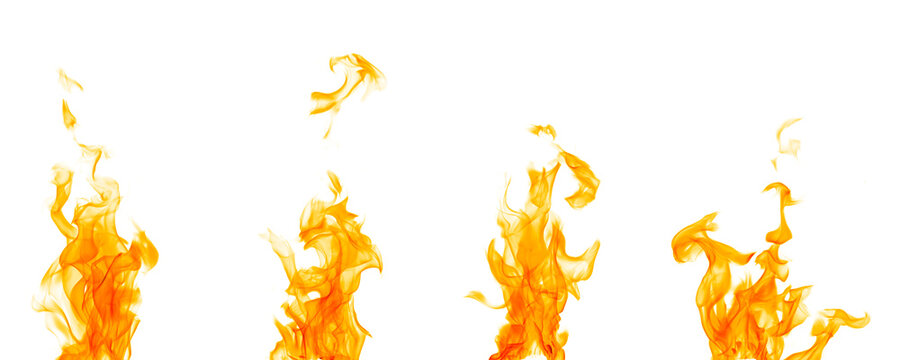 
Realistic orange fire flames isolated on white background, showing dynamic burning motion and heat energy, ideal for graphic design, advertising, visual effects, and emergency safety concepts.