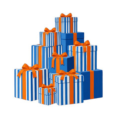 A tall stack of blue and orange striped gift boxes with ribbons.