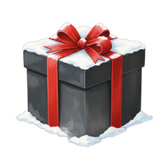 Black gift box with red ribbon and snow.