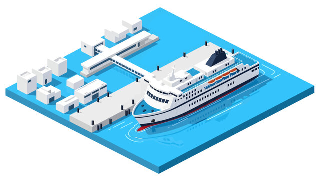 A clean isometric vector illustration showcases a white passenger ferry boat docked at a harbor pier, featuring a boarding gangway and minimalist white terminal buildings on a vivid blue water slab