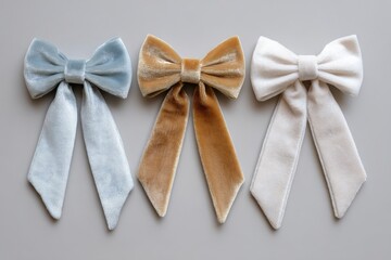 pastel velvet coquette bows aligned horizontally on neutral background soft texture and gentle colors creating elegant flat lay concept of fashion accessories, craft branding, product presentation