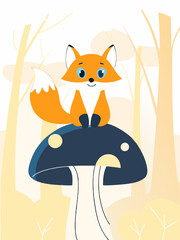 a-cheerful-fox-with-a-bushy-tail-sits-on-a-mushroo