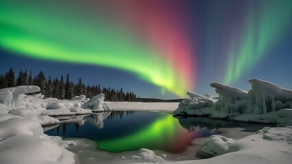 Rare Red and Green Aurora Arches Over an Icy Lake Its Colors Mirrored in Calm Water.