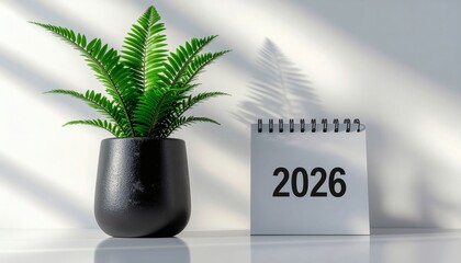 A small potted fern plant sits beside a desk calendar displaying 2026 on a reflective surface with a blurred background and natural light.