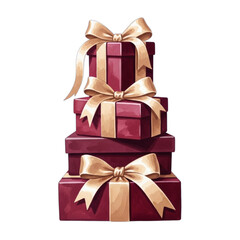 Stack of Burgundy Gift Boxes with Gold Ribbons.