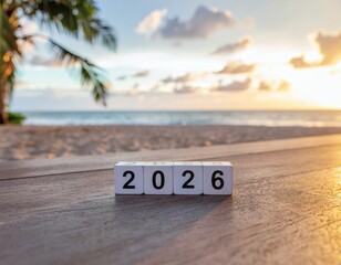 A serene beach scene with wooden blocks displaying the year '2026' on a wooden surface at sunset with palm trees and a calm ocean in the background.