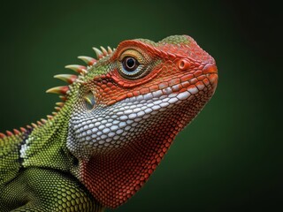 A closeup of a green and orange lizard with a spiky back and a scaly face looking to the right
