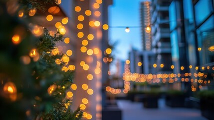 Blurry city street decorated with warm yellow lights at dusk time