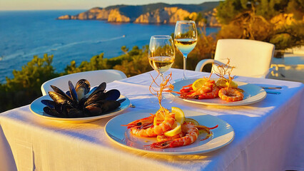 Hand drawn vintage sketch of seafood table with shrimp mussels lemon and white wine on sea coast terrace
