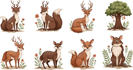 Fototapeta premium Whimsical forest animals, cartoon deer-fox hybrids, fantasy woodland creatures, nature clipart, stylized tree vector, decorative wildlife bundle