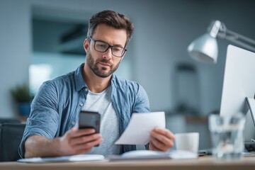 Professional man using mobile app to scan receipts beside computer workspace in minimal office. Efficiency organization and cashless documentation for digital transformation expense tracking software.