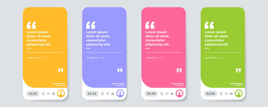 Colorful social media story or post templates featuring quote cards with rounded edges, text space, and time indicators, optimized for mobile display and presentation.