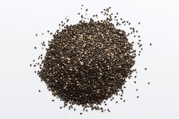 Chia seeds isolated with white background. Top view Healthy superfood