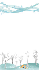 水彩風 冬景色とキタキツネフレーム(16:9)縦 Winter Series:Watercolor winter landscape and red fox frame