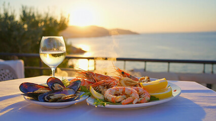 Hand drawn vintage sketch of seafood table with shrimp mussels lemon and white wine on sea coast terrace