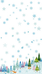 水彩風 冬のかわいい樹々と雪とキタキツネのいる風景(16:9)縦 Winter Series:Watercolor winter landscape with cute trees, snow and red foxes