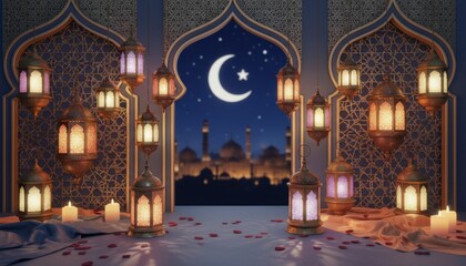 Muslim arab greeting ramadan holiday ei arabic islam holy lantern light background moon crescent symbol Muslim arab greeting festive islam holiday lantern backgroun cast light ramadan ei night arabic