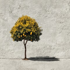 A minimalist composition showcases a single lemon tree with vibrant yellow lemons against a textured gray wall creating a striking and visually pleasing image.