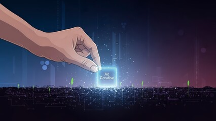 Hand Placing Glowing Cube on Futuristic Cityscape.