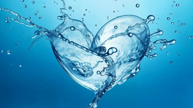 Crystal clear water splash forms heart shape on blue background representing purity love hydration and refreshing drink advertising concept