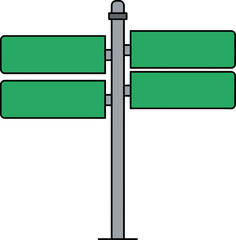A simple illustration of a green directional signpost with four blank signs on a gray pole.