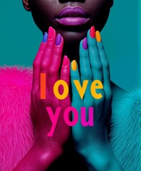 Bold fashion art poster with colorful painted hands, neon manicure, pink fur, stylish model lips and &ldquo;love you&rdquo; text, vibrant modern Valentine aesthetic on teal background