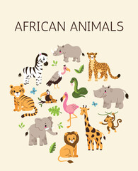 Obraz premium African animals in kids style. A set of animals on a white background, a clipart.Vector cartoon flat illustration