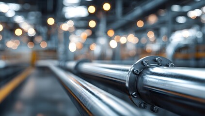 Industrial manufacturing facility with large metal pipes and machinery illuminated by overhead lights creating a sense of scale and production in a modern factory environment