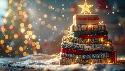 Christmas tree with gift. used clothes for Christmas as present decorated with lights