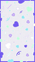 Vertical Cute Retro Pop Grid Wallpaper with Hearts and Lines Purple White
