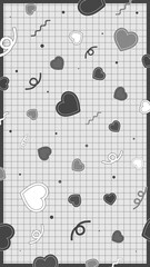 Vertical Cute Retro Pop Grid Wallpaper with Hearts and Lines Monotone
