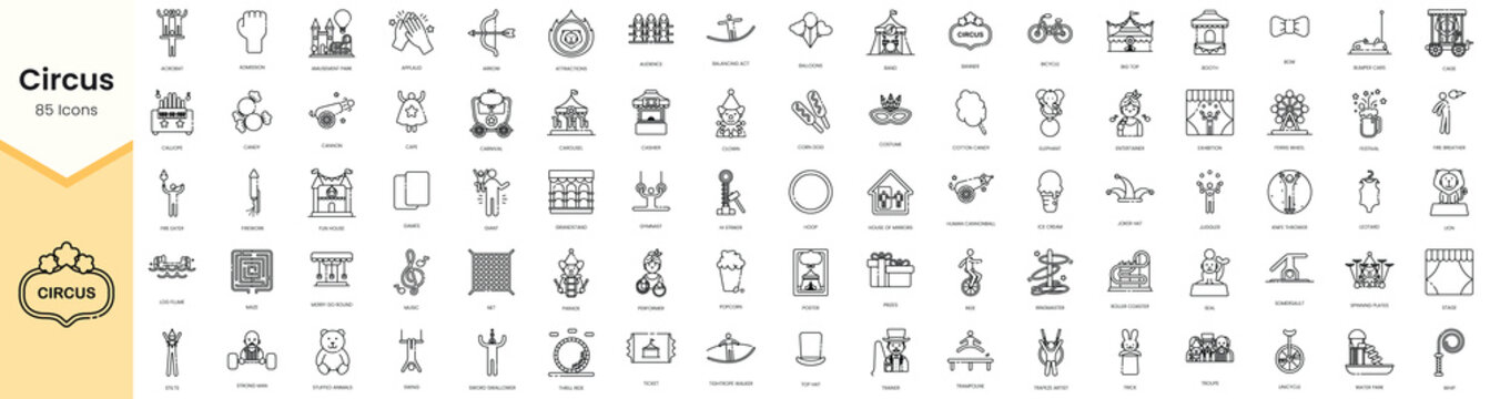 Set of circus icons. Simple line art style icons pack. Vector illustration