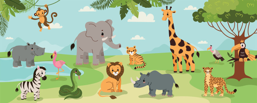 African animals in kids style. A set of animals with savannah background, a clipart.Vector cartoon flat illustration