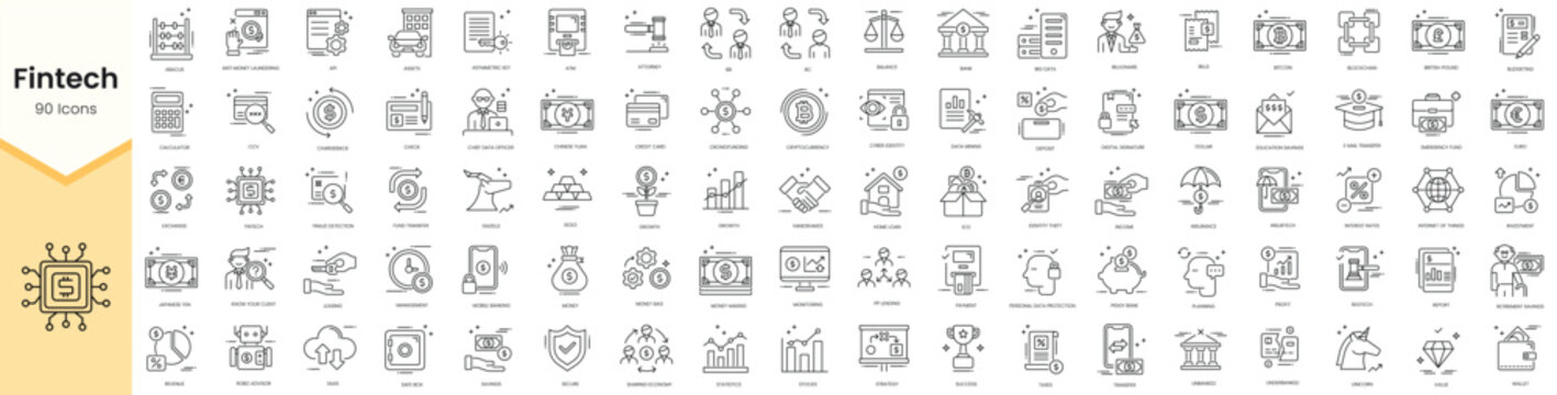 Set of fintech modern icons. Simple line art style icons pack. Vector illustration