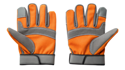 Work gloves with orange fabric and grey reinforced fingertips and palms isolated on white background