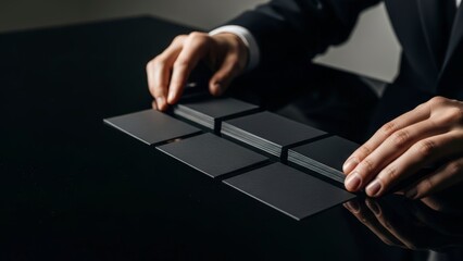 Close up of a persons hands arranging a grid of black square cards on a dark reflective surface.