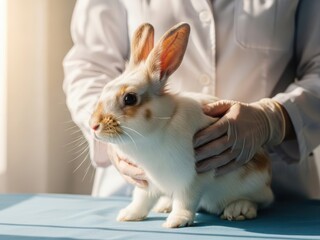Obraz premium Veterinarian examining a white and brown rabbit on a blue table in a clinic