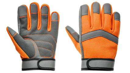 Work gloves with orange textured palms and gray reinforced fingertips and knuckles isolated on white background